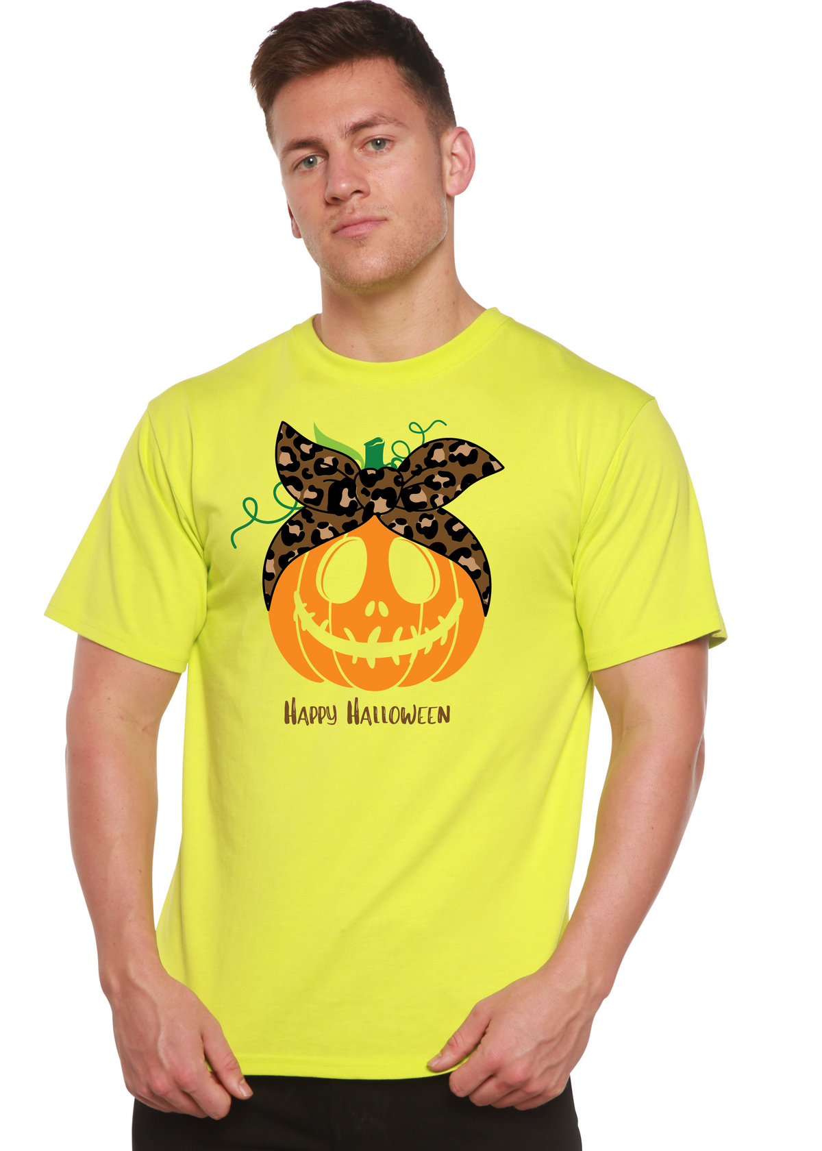 Happy Halloween men's graphic T-shirt by Spun Bamboo featuring a short sleeve bamboo viscose and organic cotton design with Halloween print.