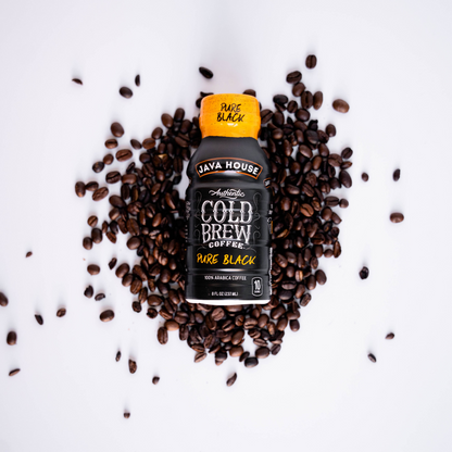 Java House Cold Brew 8oz bottle featuring sleek black label and dark coffee liquid inside.