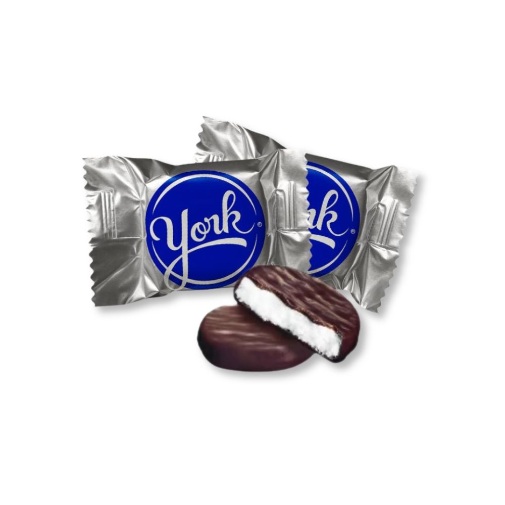 Three dark chocolate York Peppermint Patties snack-sized candies from Candy In Bulk in a bulk value bag.