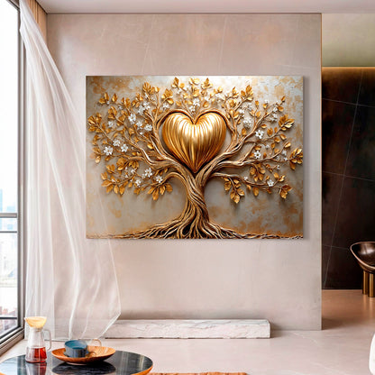 Golden tree and heart wall art on canvas by Tailored Canvases, featuring a vibrant gold-colored tree and heart design for home decor.
