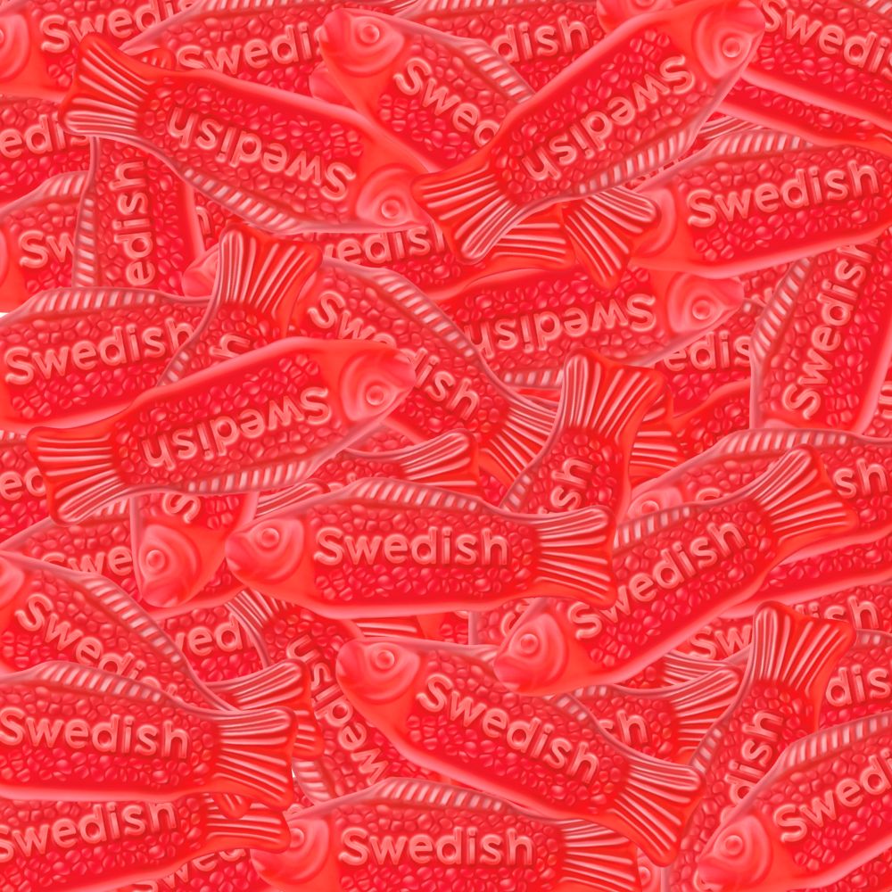 Red Swedish Fish soft and chewy candy from Candy In Bulk in a large bulk bag, showcasing vibrant red fish-shaped candies.