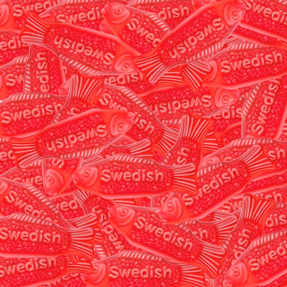Red Swedish Fish soft and chewy candy from Candy In Bulk in a large bulk bag, showcasing vibrant red fish-shaped candies.