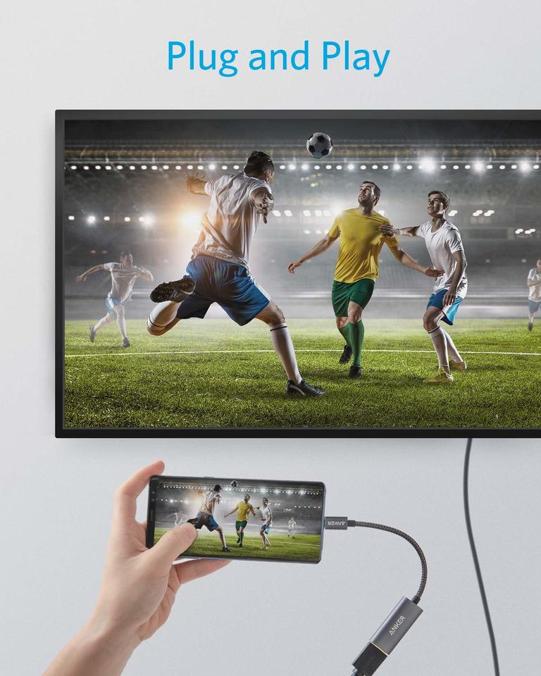 Anker 310 USB-C Adapter for charging with 4K HDMI port, compact design, connected to a device with HDMI cable attached.