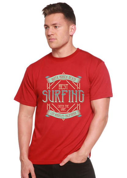 Men's Spun Bamboo surfing graphic T-shirt made of bamboo viscose and organic cotton with a colorful printed design.