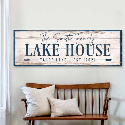 Personalized Lake House Sign canvas by Tailored Canvases featuring custom text with a scenic lake and nature design.
