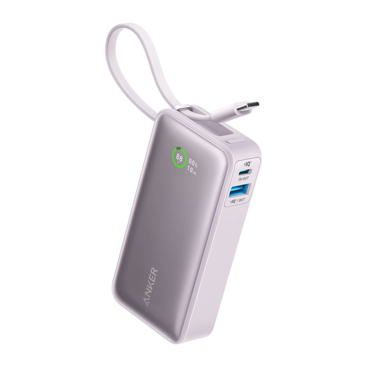 Anker Nano 30W power bank with built-in USB-C cable for charging devices, compact portable design