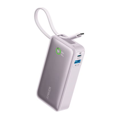 Anker Nano 30W power bank with built-in USB-C cable for charging devices, compact portable design