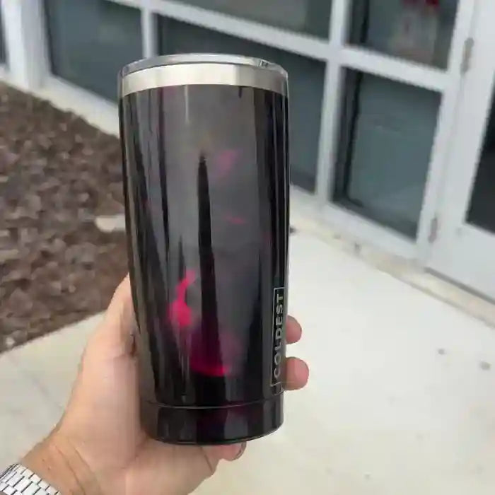 Coldest 20 oz Tumbler v2 hydration bottle with black lid and clear body, designed for keeping beverages cold or hot.