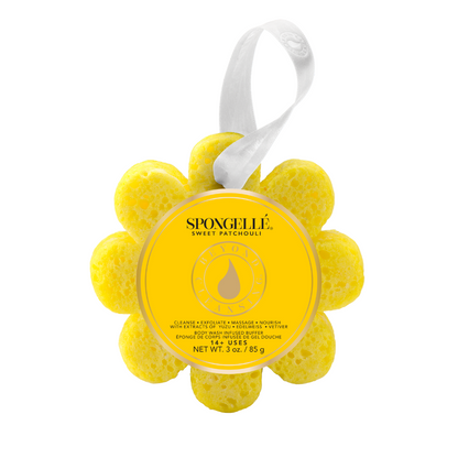 Spongellé Sweet Patchouli Wild Flower body wash infused buffer showing textured surface with floral pattern and pink accents.