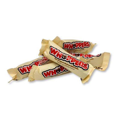 Three Candy In Bulk Whoppers Malted Milk Balls, chocolate-coated malted milk candies on a white background.