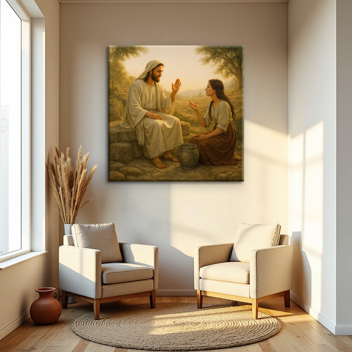 Canvas wall art featuring a biblical scene of the Samaritan at the Well, by Tailored Canvases.