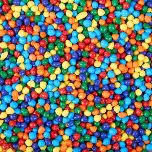 Rainbow chocolate drops by Candy In Bulk, colorful candy-coated chocolate pieces in a bulk bag, vibrant and sweet for snacking.