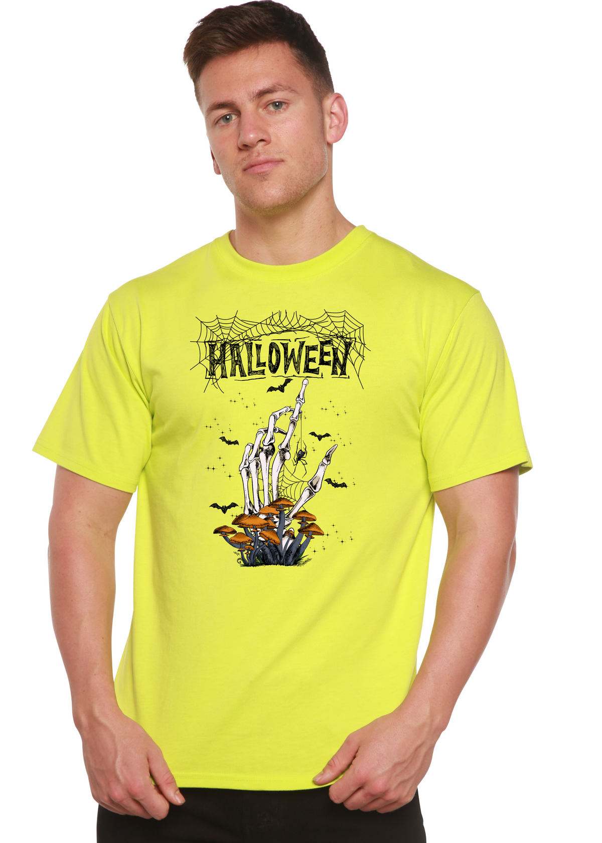 Men's Halloween graphic T-shirt by Spun Bamboo, short sleeve, made from bamboo viscose and organic cotton, featuring spooky print.
