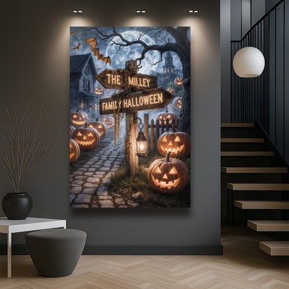Personalized family name street sign Halloween wall art on canvas, featuring custom text and festive Halloween design.
