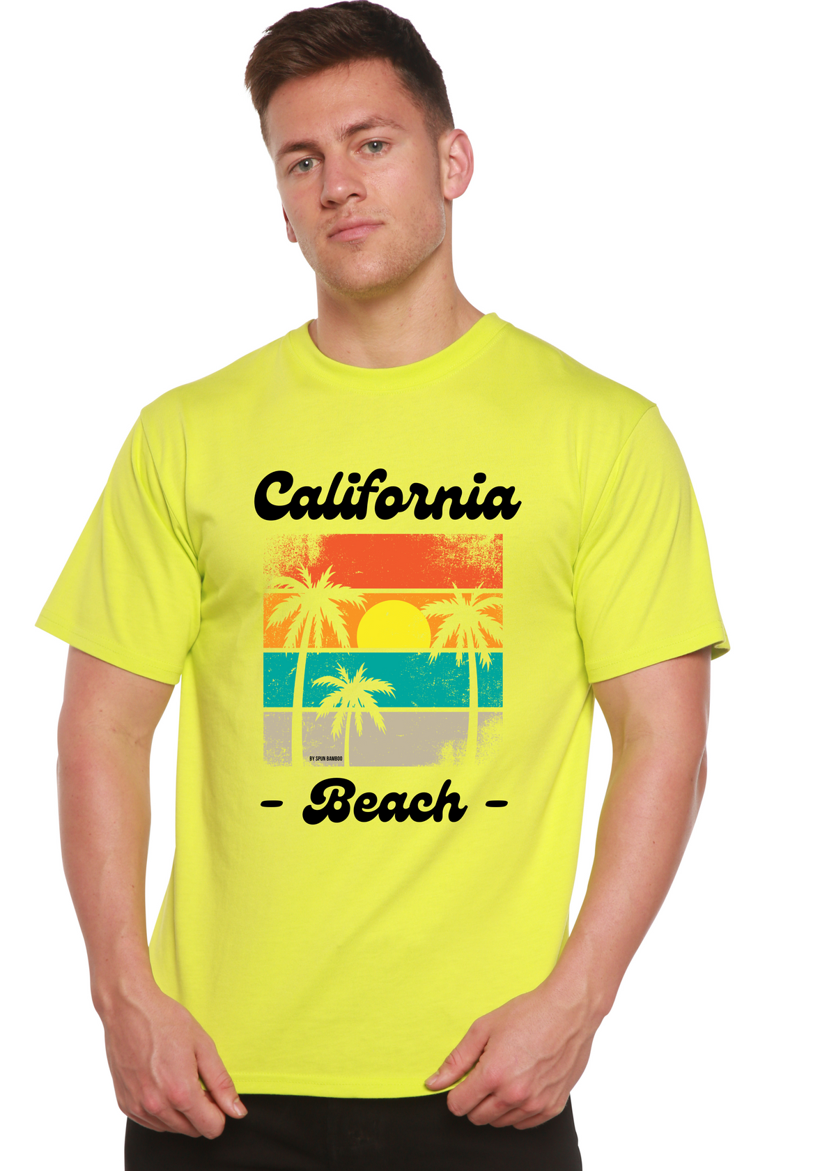 Spun Bamboo men's graphic T-shirt featuring California Beach design in bamboo viscose and organic cotton, short sleeve style.
