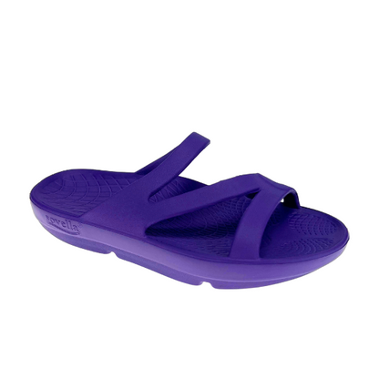 Women's purple Sovella Active Recovery Sandals by Lucky Feet Shoes, featuring cushioned slide design for comfort and support.