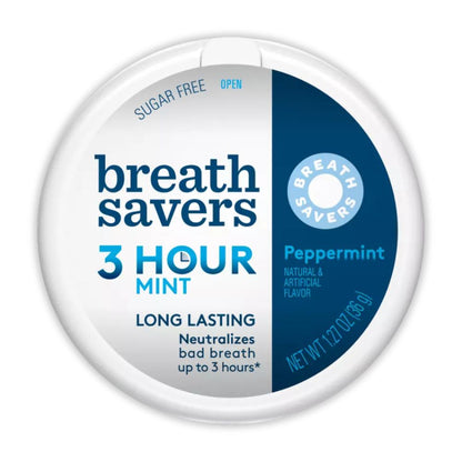 Candy In Bulk Breath Savers 3 Hour Mint Sugar Free Peppermint mints in a 1.27 oz tin, showing fresh peppermint candies inside.