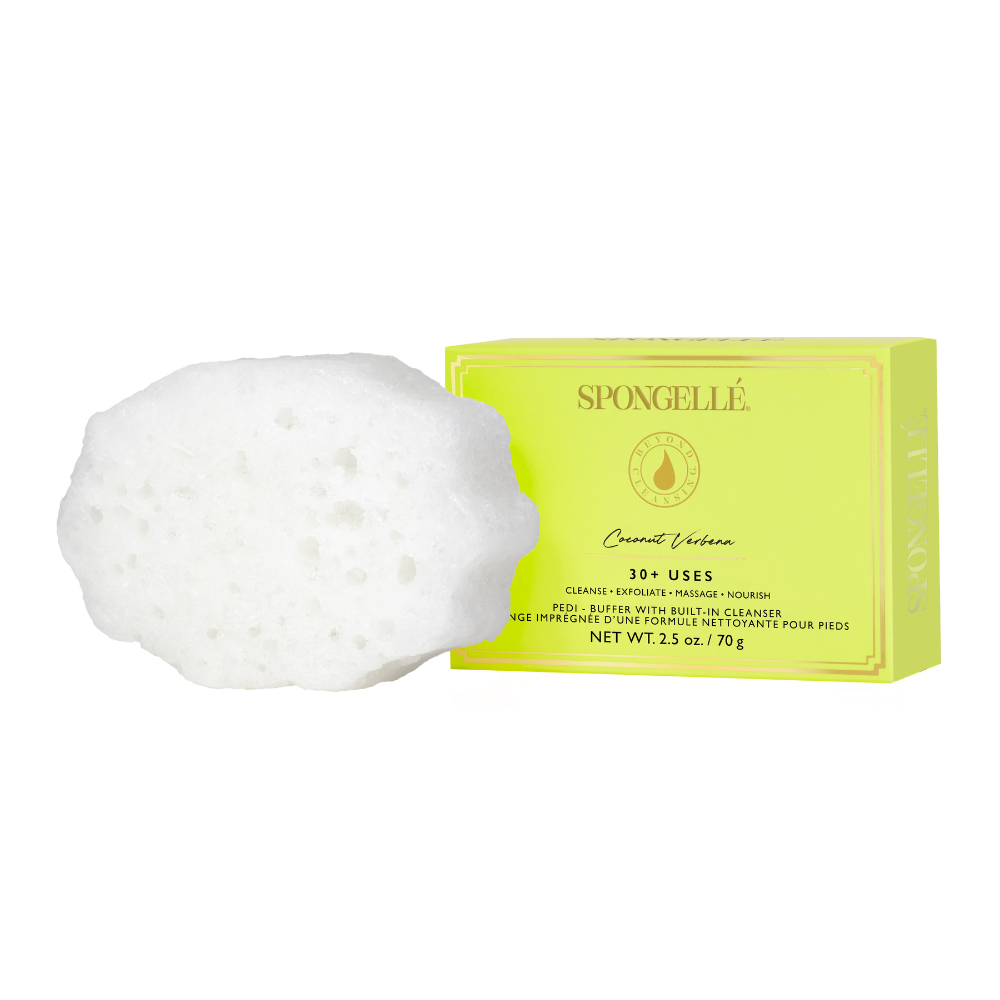 Spongellé Coconut Verbena Pedi Buffer with textured surface for gentle exfoliation and smoothing of feet.