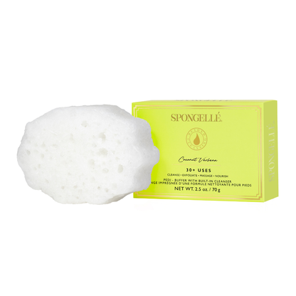 Spongellé Coconut Verbena Pedi Buffer with textured surface for gentle exfoliation and smoothing of feet.