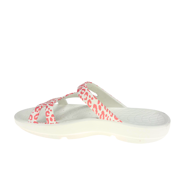 Women's Sovella Active Recovery Sandals by Lucky Feet Shoes in pink with leopard print, featuring slip-on slide design for comfort.