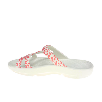 Women's Sovella Active Recovery Sandals by Lucky Feet Shoes in pink with leopard print, featuring slip-on slide design for comfort.