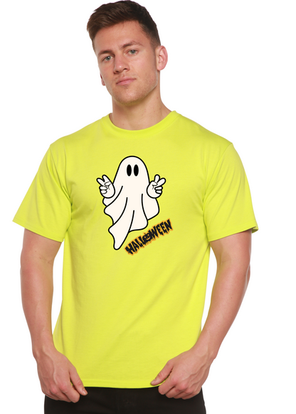 Unisex Halloween ghost graphic T-shirt by Spun Bamboo, short sleeve, made from bamboo viscose and organic cotton, featuring a spooky ghost design.