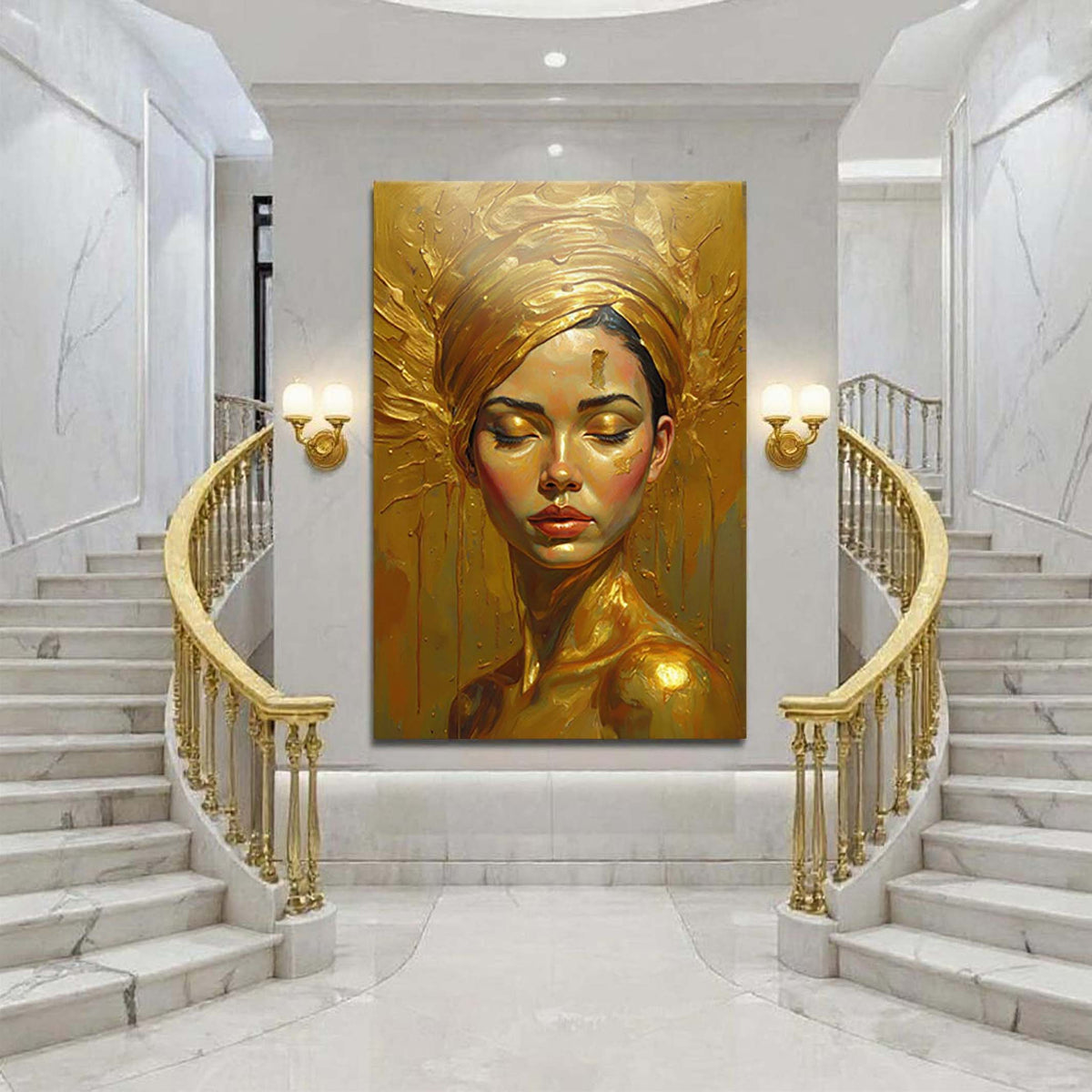 Woman's golden serenity wall art on canvas, featuring a tranquil abstract design in warm tones, by Tailored Canvases.