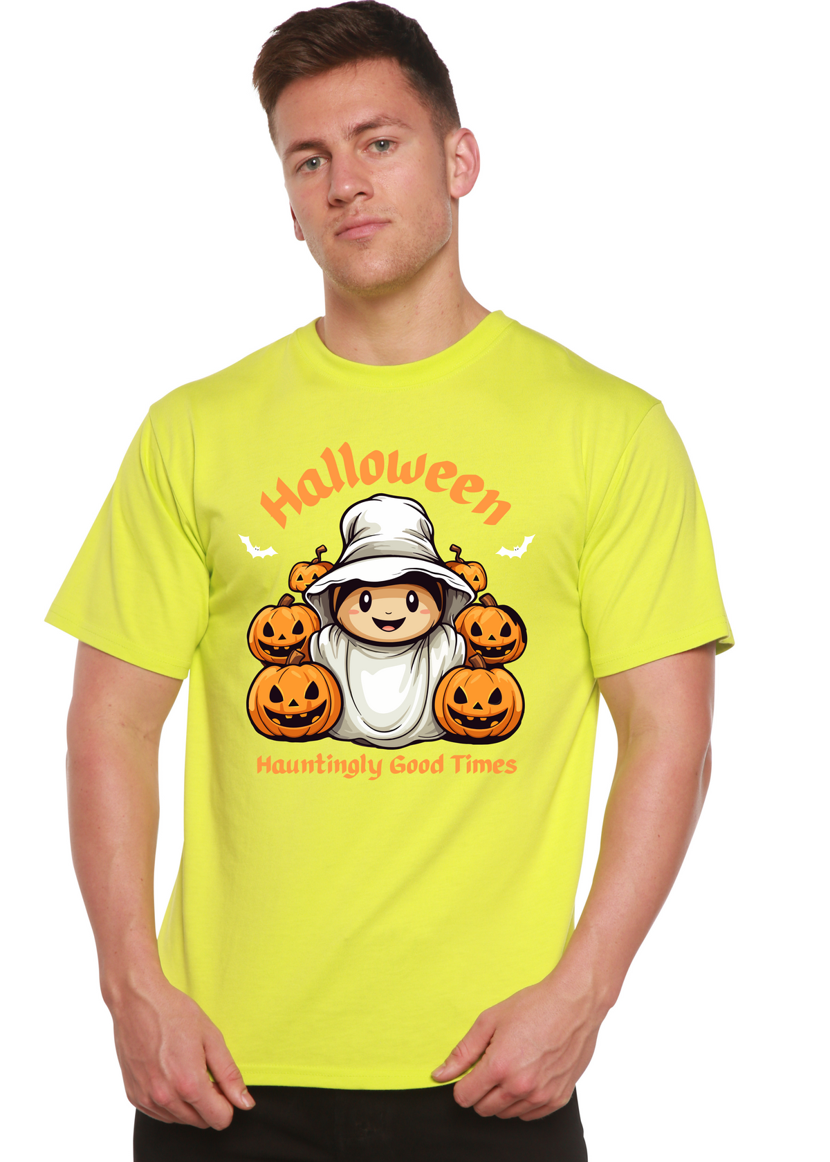 Spun Bamboo men's Halloween graphic t-shirt in bamboo viscose and organic cotton, featuring hauntingly good times design.