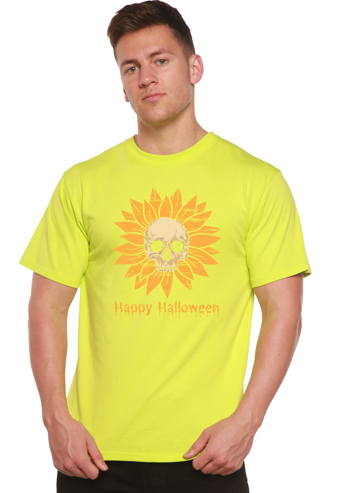 Men's Happy Halloween Day graphic T-shirt by Spun Bamboo, short sleeve with festive Halloween print in bamboo viscose and organic cotton.