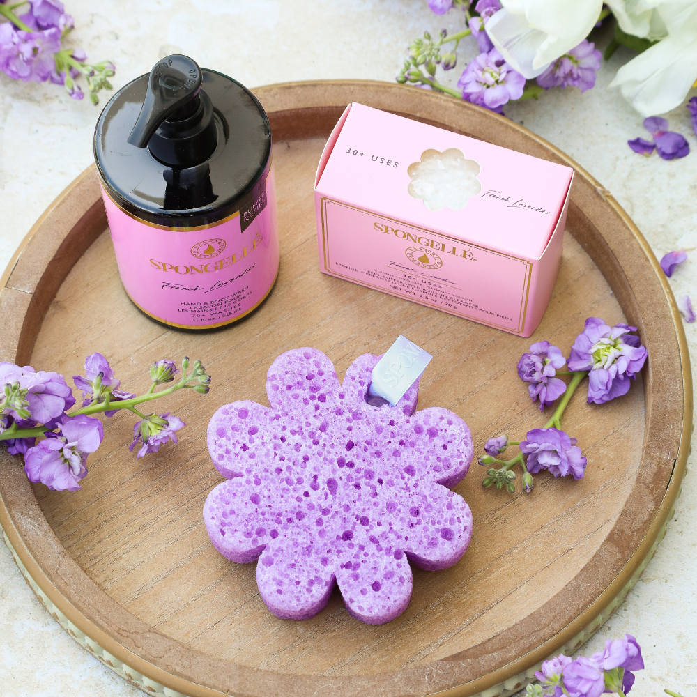 Spongellé French Lavender Wild Flower body gift set with pedi buffer and refill body wash containers, featuring lavender floral design.