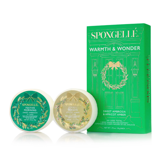 Spongellé Warmth & Wonder holiday wreath gift set with body wash infused buffer, featuring festive design and luxurious packaging.