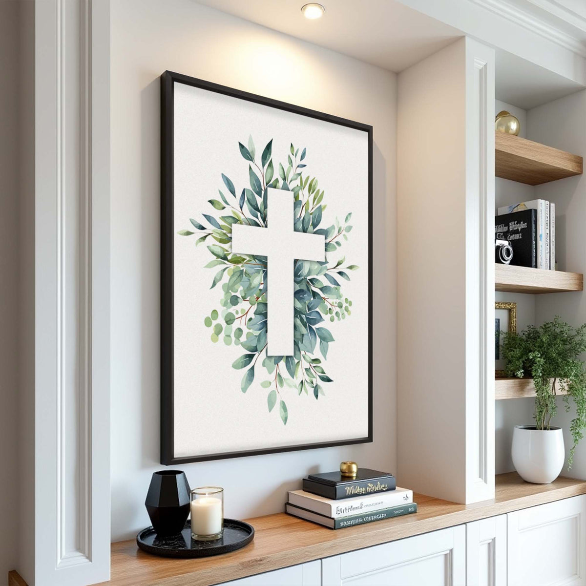 Canvas wall art featuring an evergreen cross design by Tailored Canvases, suitable for faith-themed home decor.