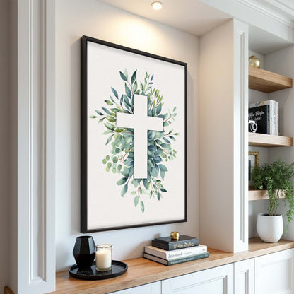 Canvas wall art featuring an evergreen cross design by Tailored Canvases, suitable for faith-themed home decor.