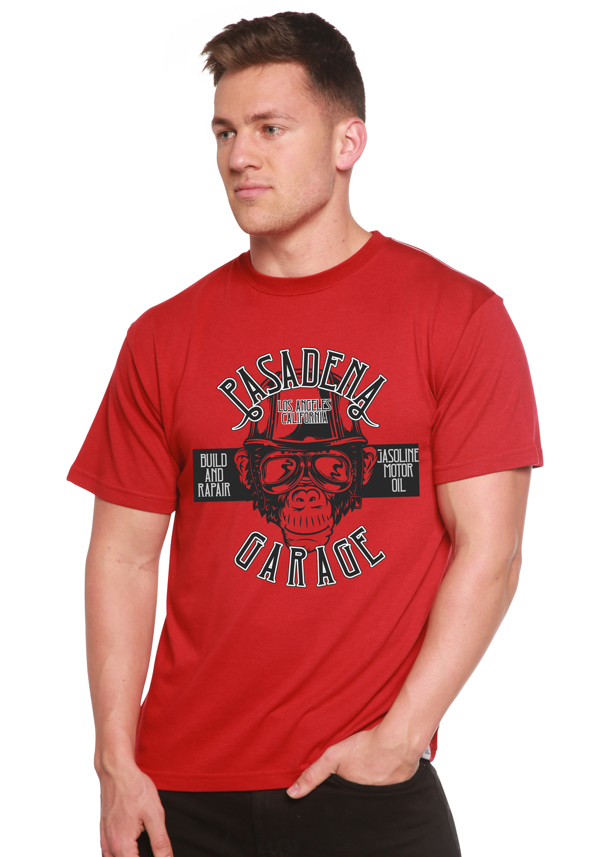 Spun Bamboo Pasadena Garage men's short sleeve graphic T-shirt with bamboo viscose and organic cotton, featuring a printed design.