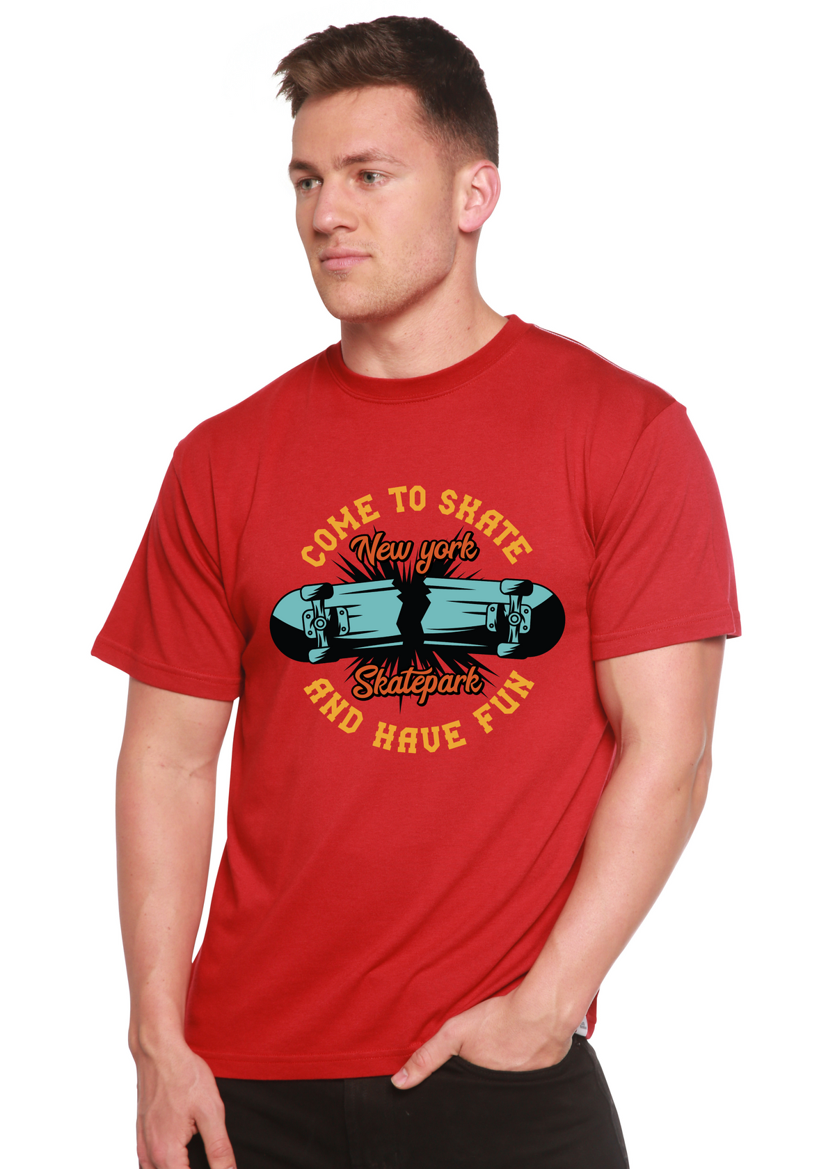Spun Bamboo men's graphic T-shirt featuring New York Skatepark design in bamboo viscose and organic cotton fabric.