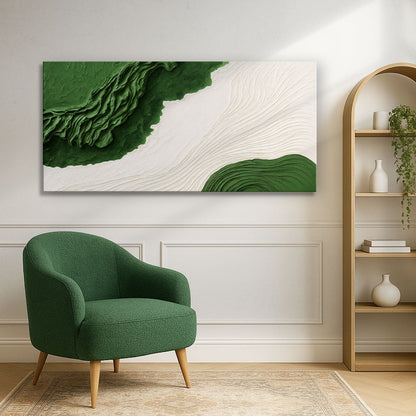 Green Rivers abstract wall art on canvas by Tailored Canvases, featuring flowing green and blue brushstrokes in a modern design.
