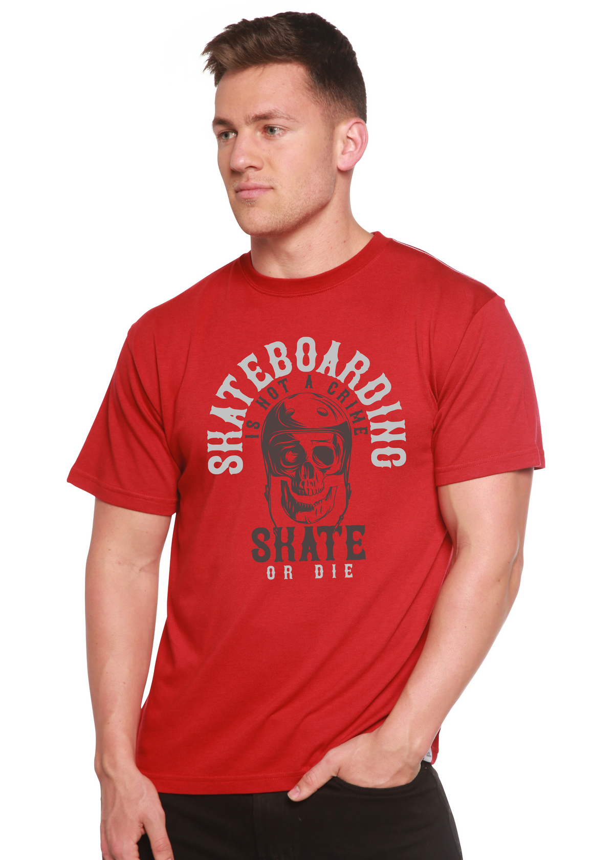 Men's skateboarding graphic T-shirt by Spun Bamboo featuring bamboo viscose and organic cotton, with a colorful printed design.