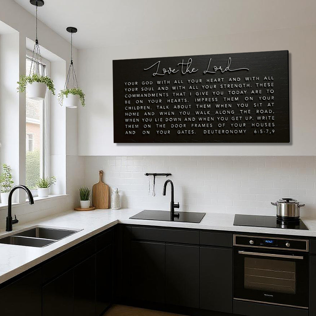 Canvas faith sign with Deuteronomy 6:5-9 quote featuring "Love the Lord Your God" in elegant script, designed by Tailored Canvases.