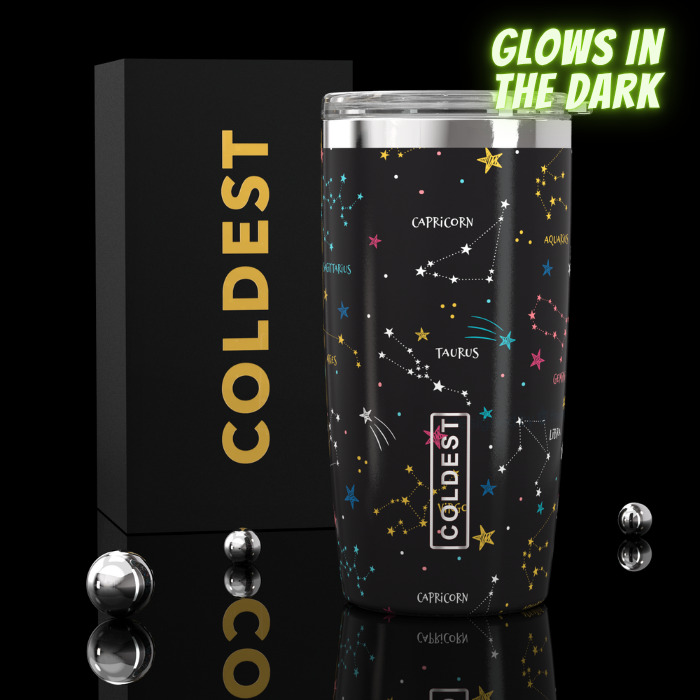 Coldest 20 oz Tumbler v2 hydration bottle with stainless steel design and black lid, ideal for keeping drinks cold or hot.