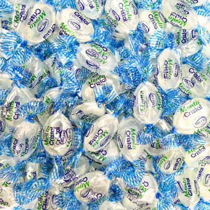 Assorted Arcor Cristal Mint hard candies in a clear bulk bag, showing shiny, round mint candies from Candy In Bulk.