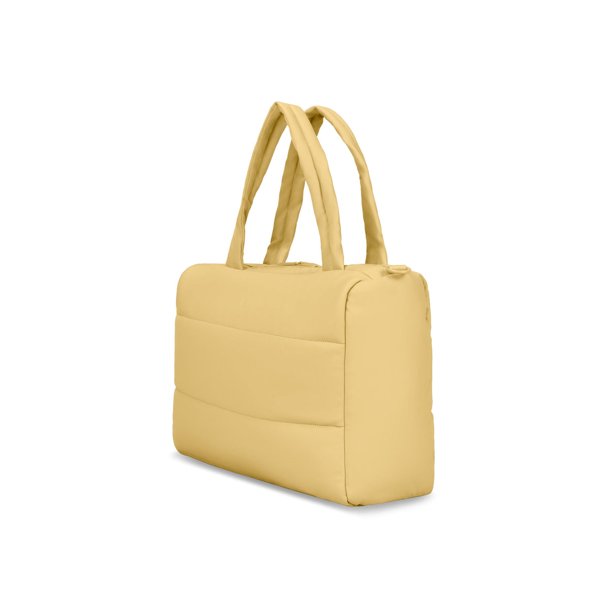 Yellow Bugatti Collections Brussels tote bag with structured design and sturdy handles, shown from an angled side view.
