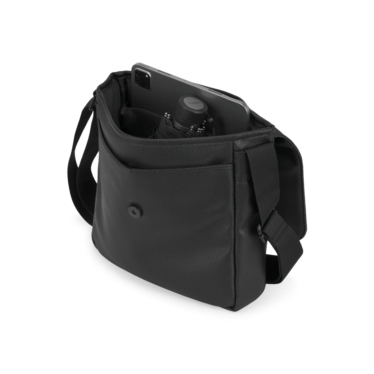 Black Bugatti Collections Henry crossbody bag with adjustable strap and interior compartments, stylish and functional accessory.