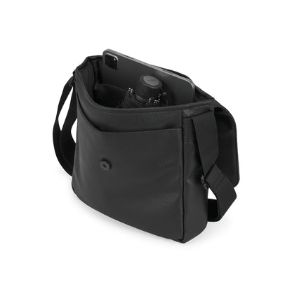 Black Bugatti Collections Henry crossbody bag with adjustable strap and interior compartments, stylish and functional accessory.