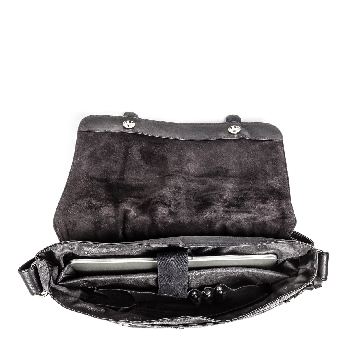 Black Bugatti Collections Colombia Messenger Bag viewed from the top, showcasing its sleek design and adjustable strap.
