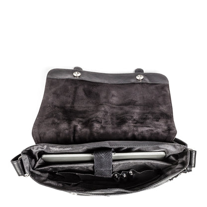 Black Bugatti Collections Colombia Messenger Bag viewed from the top, showcasing its sleek design and adjustable strap.