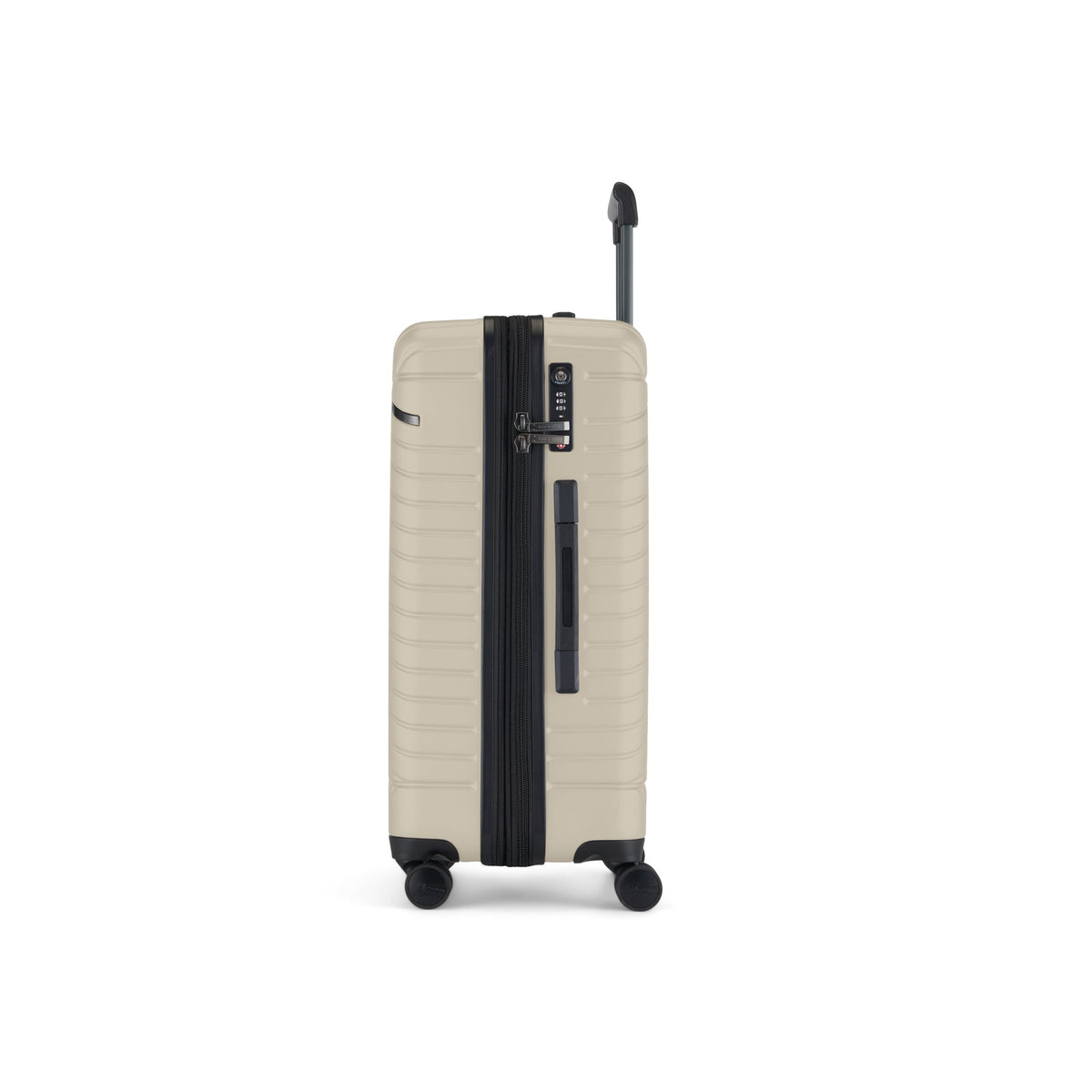 Three-piece Bugatti Travel Oslo luggage set in oatmeal with side view showing durable hard shells and four spinner wheels.