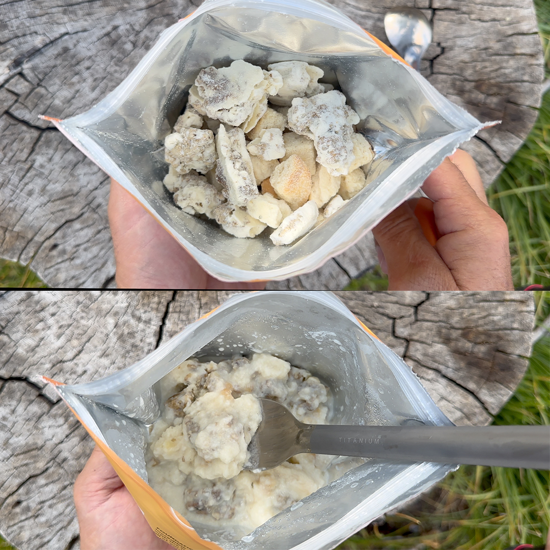 Foundation Outdoors biscuits and gravy meal, featuring dry biscuits and creamy gravy, ready to rehydrate and enjoy.
