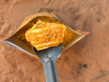 Rehydrated Foundation Outdoors lasagna meal served on a plate, showcasing a hearty Italian-style lasagna with cheese and pasta layers.