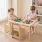 Kids activity table and chair set with adjustable height, featuring colorful wooden furniture for children.
