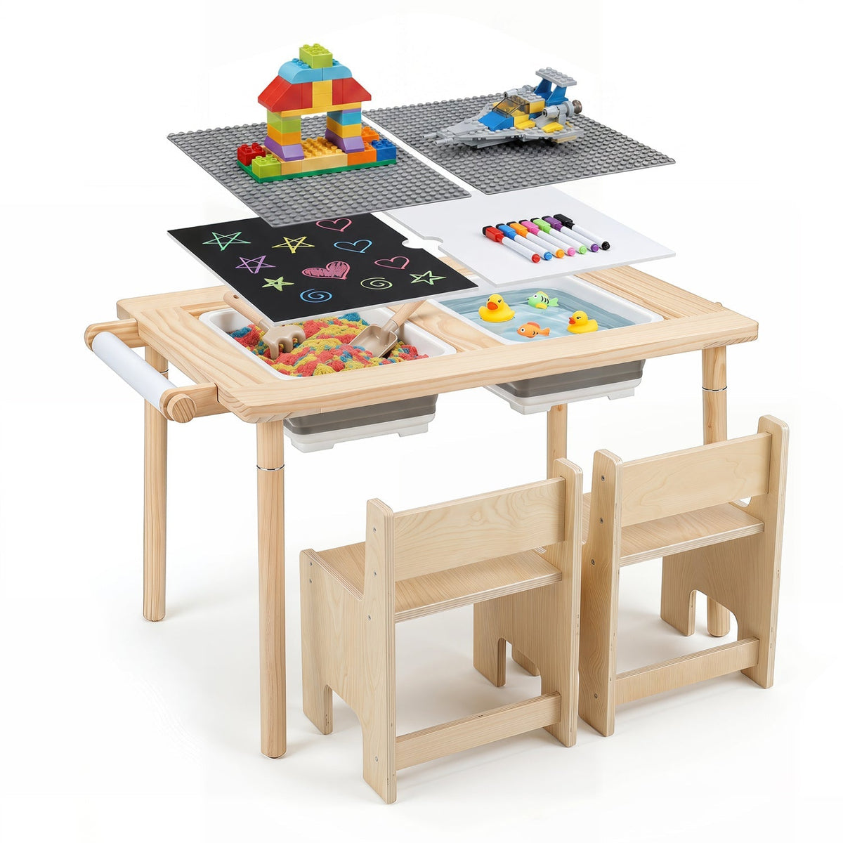 Kids activity table and chair set with adjustable height by GBruno Store, featuring colorful wooden furniture for children.
